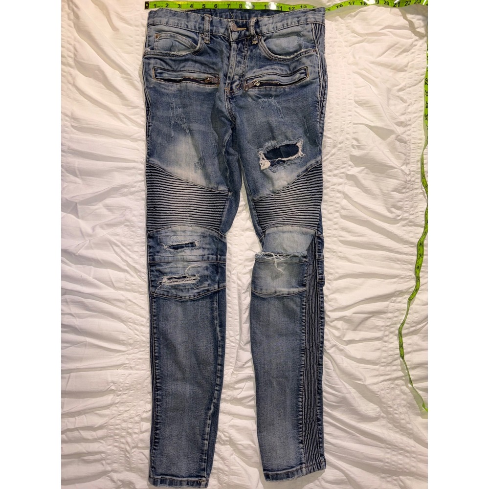 Mens Distressed Moto Skinny Jeans Blue Ribbed Biker Denim Pants Size 28 T06-12